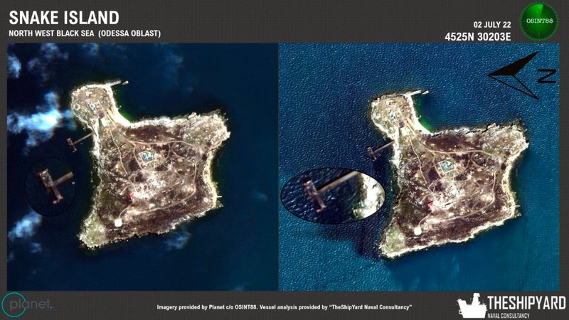 Snake Island before (left) and after (right) were attacked by Russian warplanes. Source Aviapro