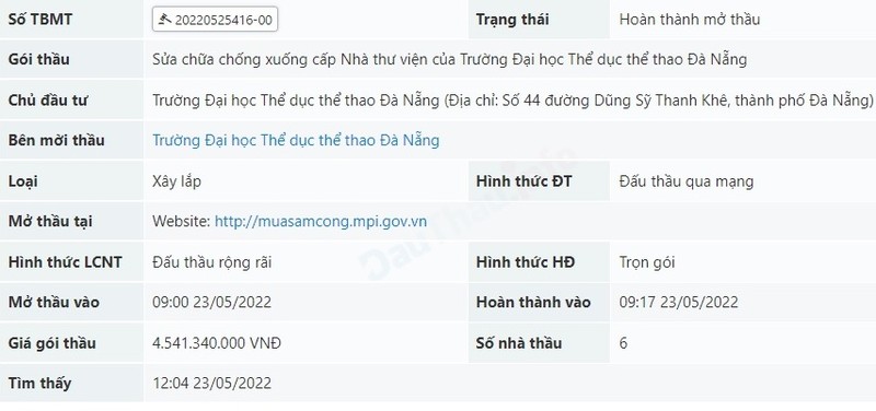 Goi thau tai Truong Dai hoc The duc - The thao Da Nang: Nha thau gia cao nhat trung thau