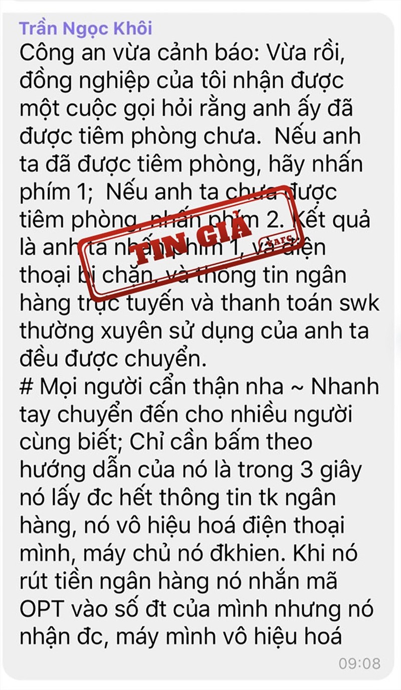 Canh bao viec “nhan cuoc goi hoi tiem vac xin chua, mat tai khoan ngan hang