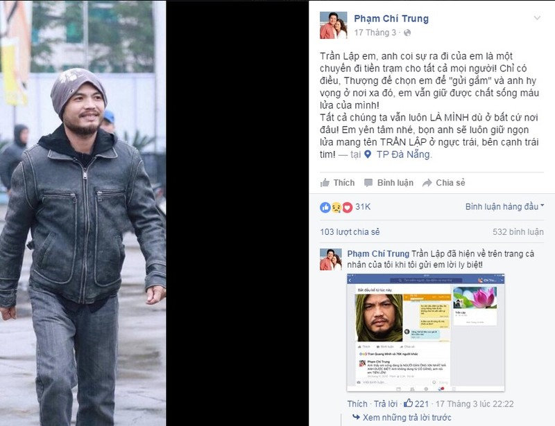 A Day Roi: Tran Lap “hien ve” tren Facebook sau loi tien biet cua NSUT Chi Trung