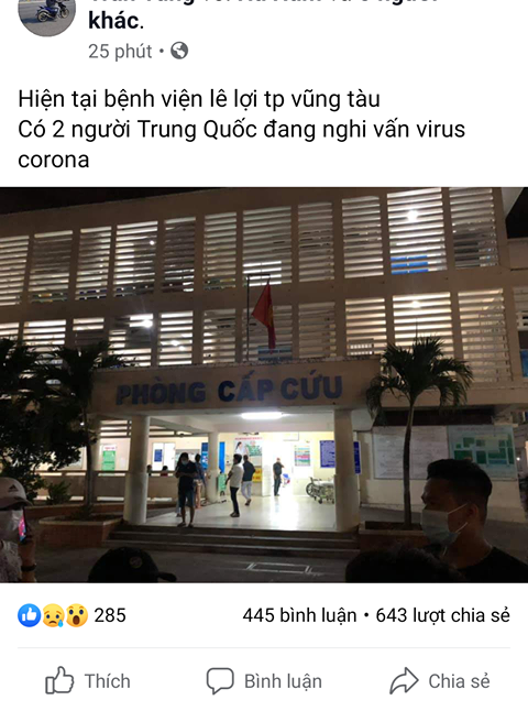 Vung Tau: Cong an lam viec voi nguoi dang tin 2 khach Trung nhap vien vi virus corona