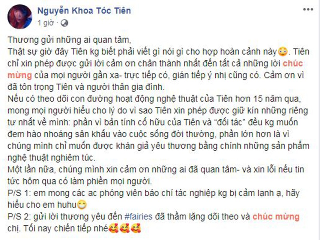 Dong thai dau tien cua Toc Tien sau dam cuoi voi Hoang Touliver